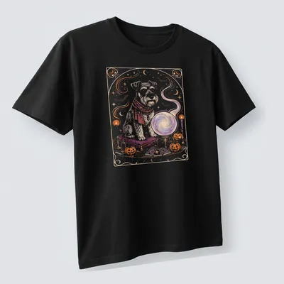 Whimsical illustration of a Mini Schnauzer with a crystal ball in Halloween colors — printed on a unisex t-shirt (angled view)