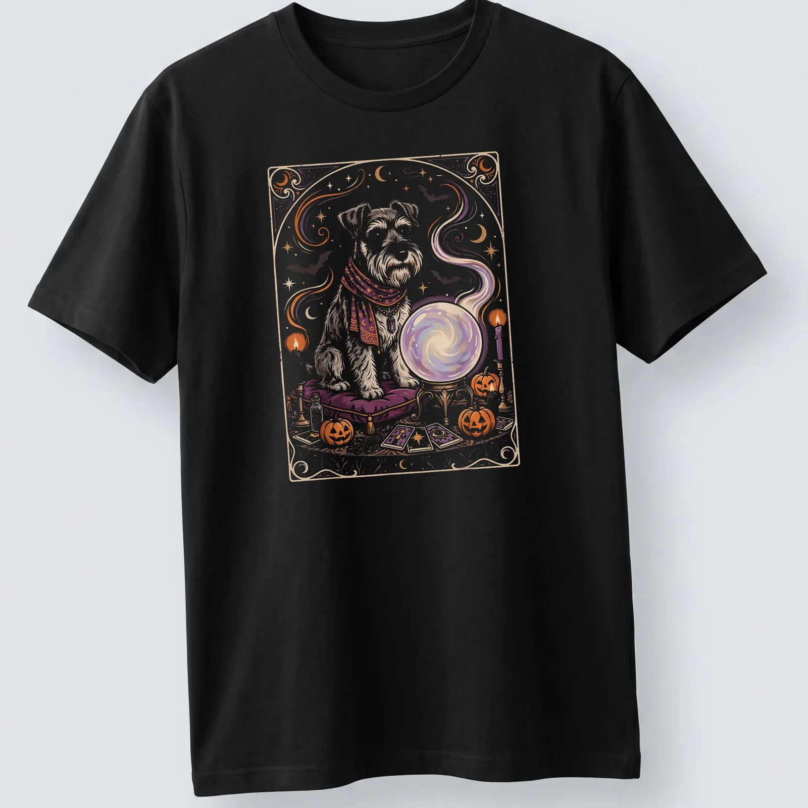 Whimsical illustration of a Mini Schnauzer with a crystal ball in Halloween colors — printed on a unisex t-shirt