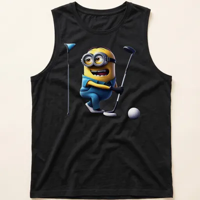 Cartoon Minion character playing golf with bold lettering — printed on a tank top