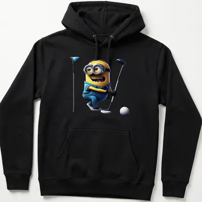 Cartoon Minion character playing golf with bold lettering — printed on a unisex hoodie