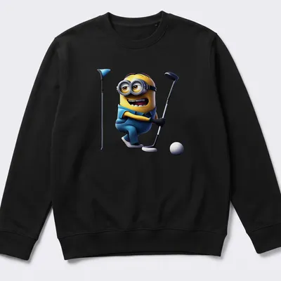 Cartoon Minion character playing golf with bold lettering — printed on a unisex sweatshirt