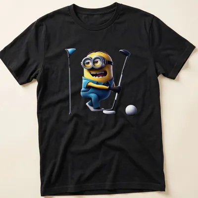 Cartoon Minion character playing golf with bold lettering
