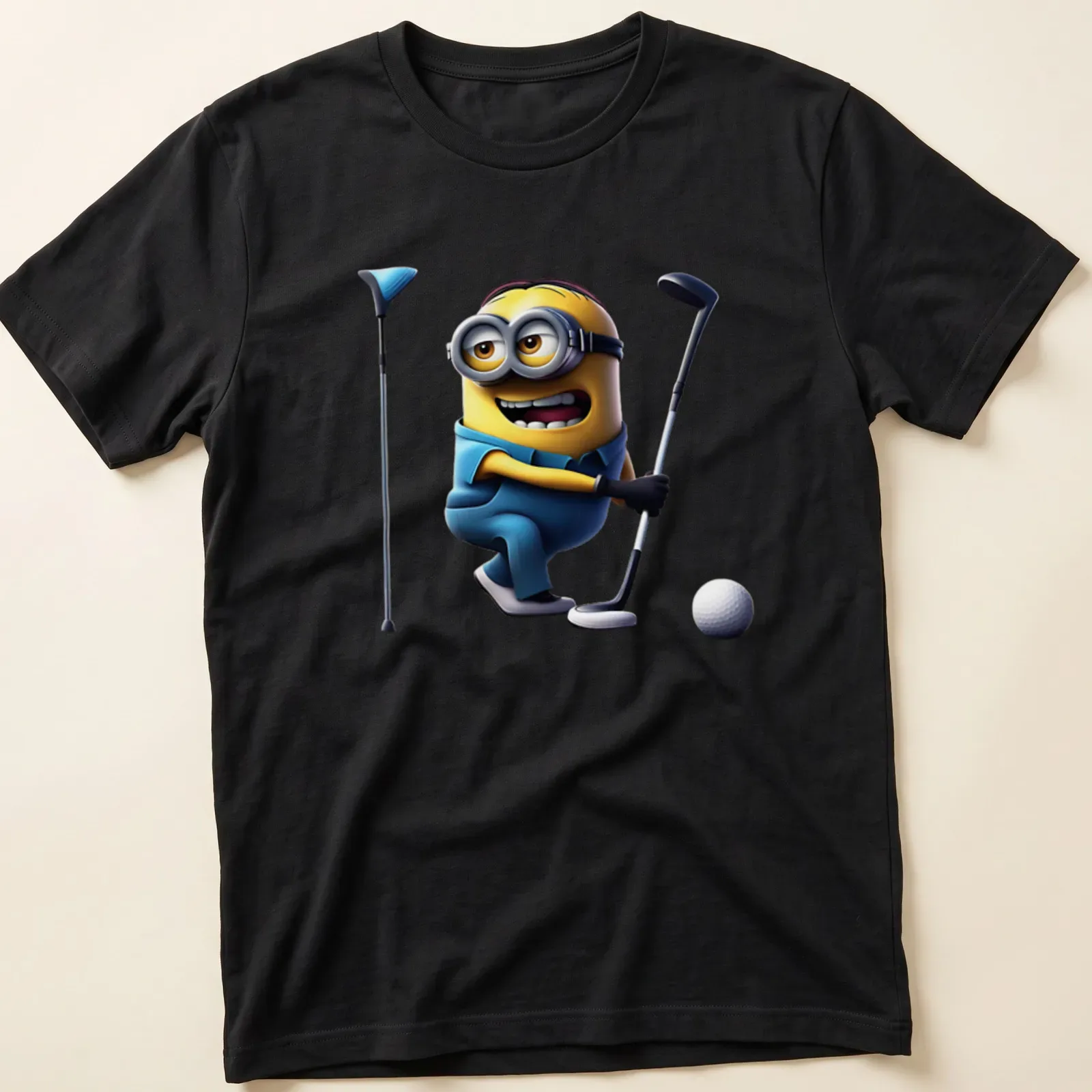 Cartoon Minion character playing golf with bold lettering — printed on a unisex t-shirt