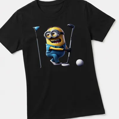 Cartoon Minion character playing golf with bold lettering — printed on a women's shirt