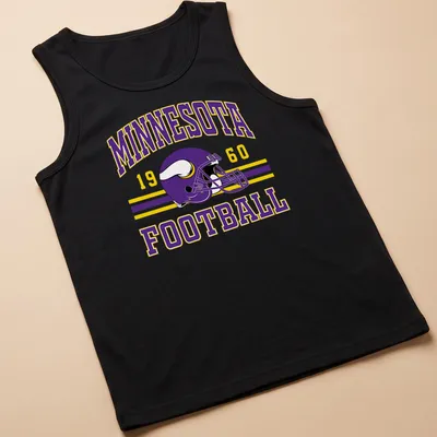 Vintage Minnesota football helmet graphic with retro styling in purple and yellow — printed on a tank top