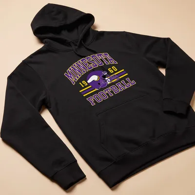 Vintage Minnesota football helmet graphic with retro styling in purple and yellow — printed on a unisex hoodie