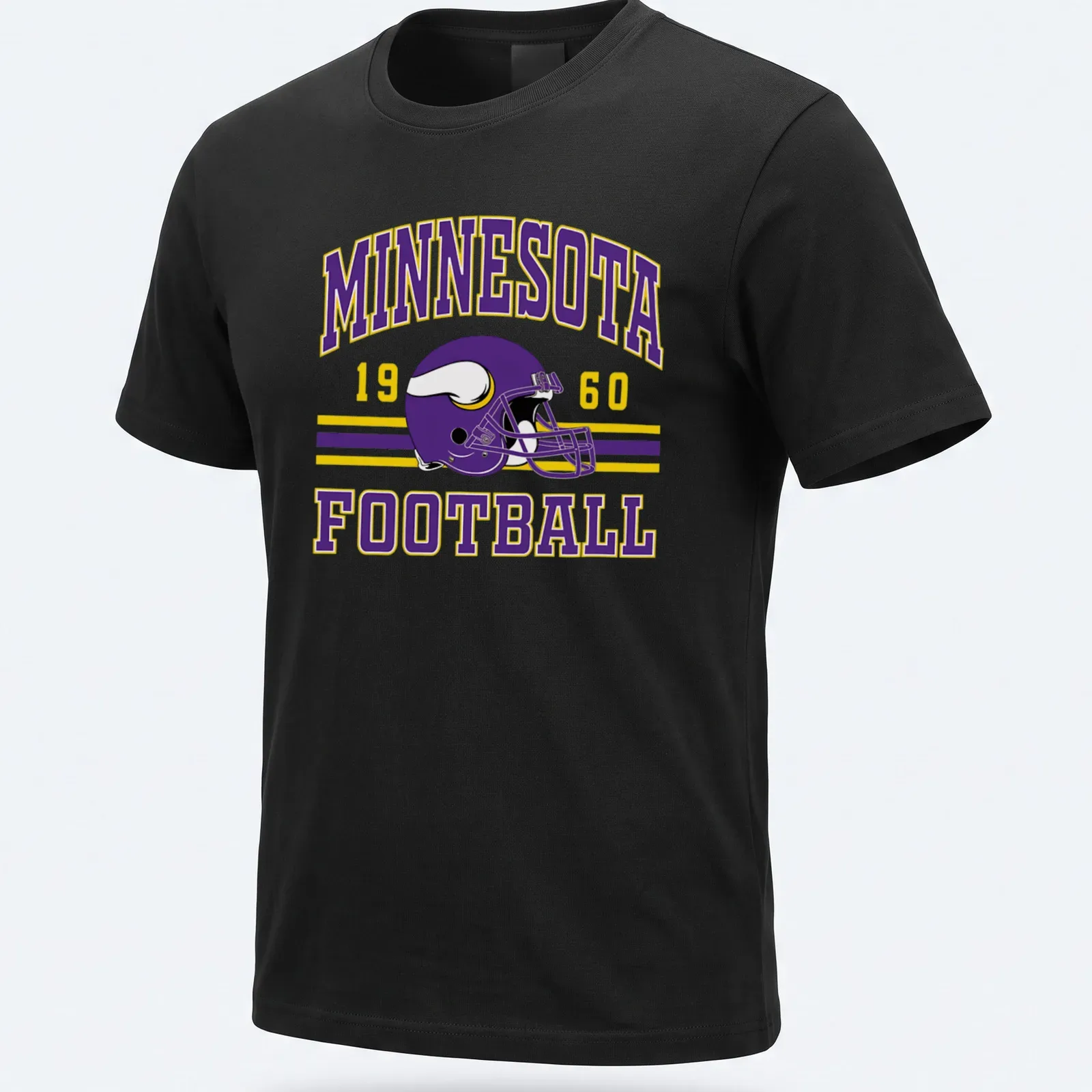 Vintage Minnesota football helmet graphic with retro styling in purple and yellow — printed on a unisex t-shirt