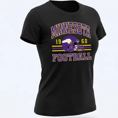 Vintage Minnesota football helmet graphic with retro styling in purple and yellow — printed on a women's shirt