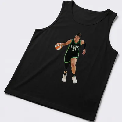 Illustration of a basketball player with Minnesota Lynx 21 text in black, green, white, and orange — printed on a tank top