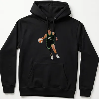 Illustration of a basketball player with Minnesota Lynx 21 text in black, green, white, and orange — printed on a unisex hoodie