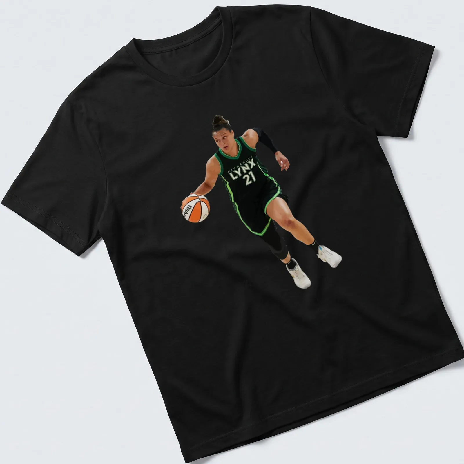 Illustration of a basketball player with Minnesota Lynx 21 text in black, green, white, and orange — printed on a unisex t-shirt