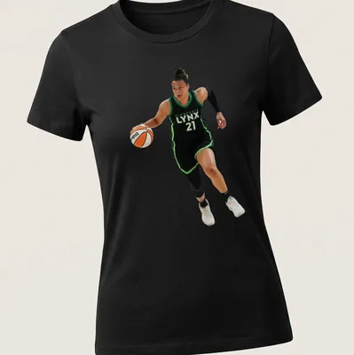 Illustration of a basketball player with Minnesota Lynx 21 text in black, green, white, and orange — printed on a women's shirt