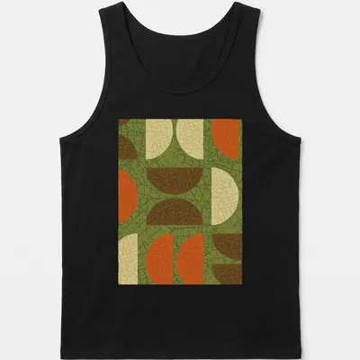 Textured abstract geometric shapes in green, orange, brown, cream, and yellow. — printed on a tank top