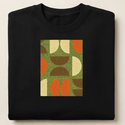 Textured abstract geometric shapes in green, orange, brown, cream, and yellow. — printed on a unisex sweatshirt