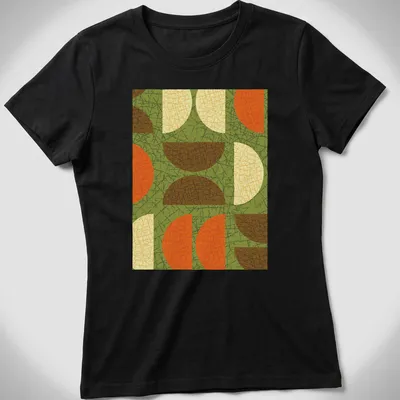 Textured abstract geometric shapes in green, orange, brown, cream, and yellow. — printed on a women's shirt