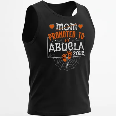 Halloween-themed t-shirt with text celebrating a mom becoming an abuela and baby feet — printed on a tank top