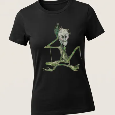 Illustrative skeleton design with the text 'Montage Of Heck' in green, gray, and black — printed on a women's shirt