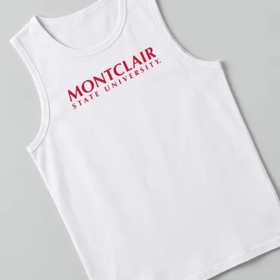 Montclair State University Red Hawks logo T-shirt in red and white — printed on a tank top