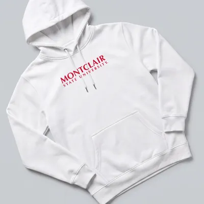 Montclair State University Red Hawks logo T-shirt in red and white — printed on a unisex hoodie
