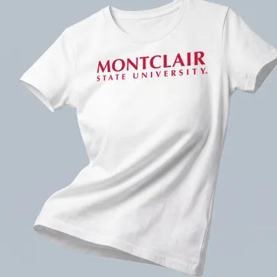 Montclair State University Red Hawks logo T-shirt in red and white — printed on a women's shirt