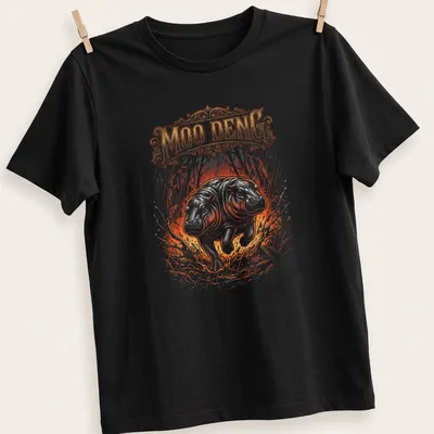 Illustration of Moo Deng with tigers in a jungle environment — printed on a unisex t-shirt