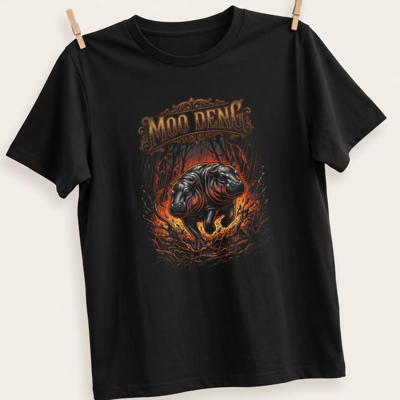 Illustration of Moo Deng with tigers in a jungle environment — printed on a unisex t-shirt