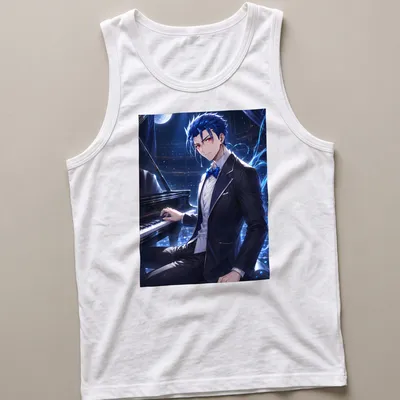 Anime illustration of Lancer from Fate Stay Night playing piano under moonlight — printed on a tank top