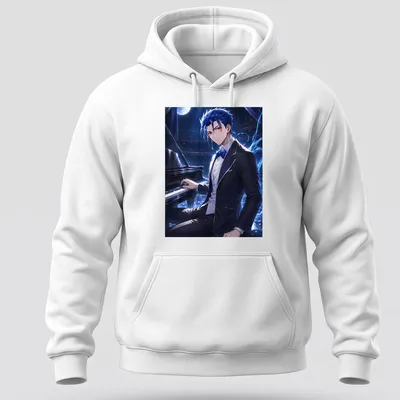 Anime illustration of Lancer from Fate Stay Night playing piano under moonlight — printed on a unisex hoodie