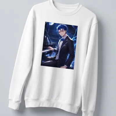 Anime illustration of Lancer from Fate Stay Night playing piano under moonlight — printed on a unisex sweatshirt