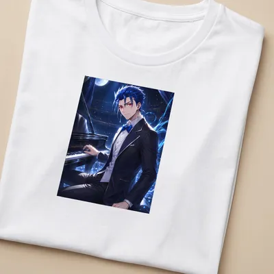 Anime illustration of Lancer from Fate Stay Night playing piano under moonlight — printed on a women's shirt