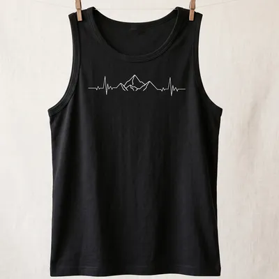 Minimalist design of mountains with a heartbeat line in white — printed on a tank top