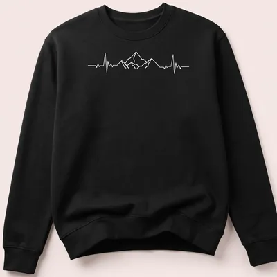 Minimalist design of mountains with a heartbeat line in white — printed on a unisex sweatshirt