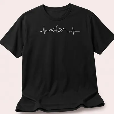 Minimalist design of mountains with a heartbeat line in white