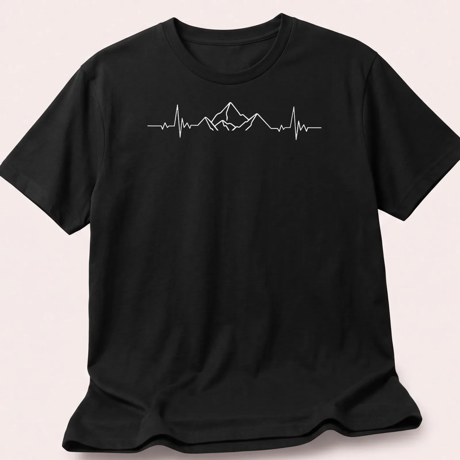 Minimalist design of mountains with a heartbeat line in white — printed on a unisex t-shirt