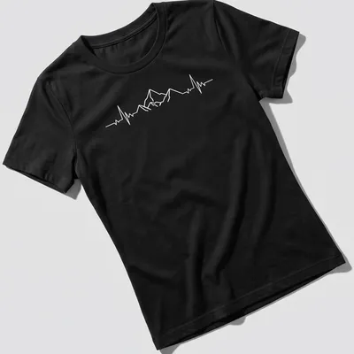 Minimalist design of mountains with a heartbeat line in white — printed on a women's shirt