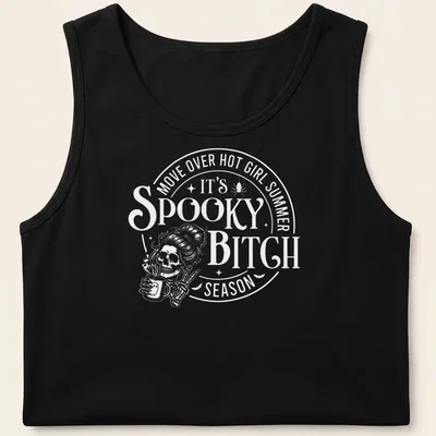 Bold retro Halloween t-shirt with a ghost and humorous text — printed on a tank top