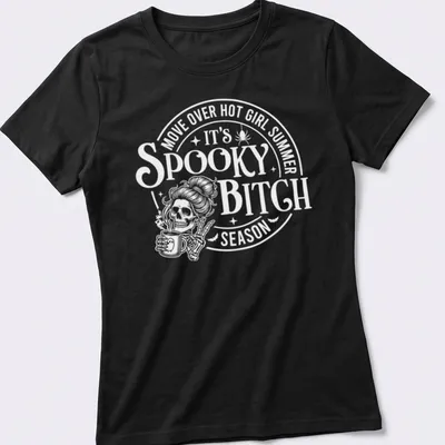 Bold retro Halloween t-shirt with a ghost and humorous text — printed on a women's shirt