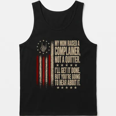 Distressed retro shirt with skeleton hand and humorous text about complaining — printed on a tank top