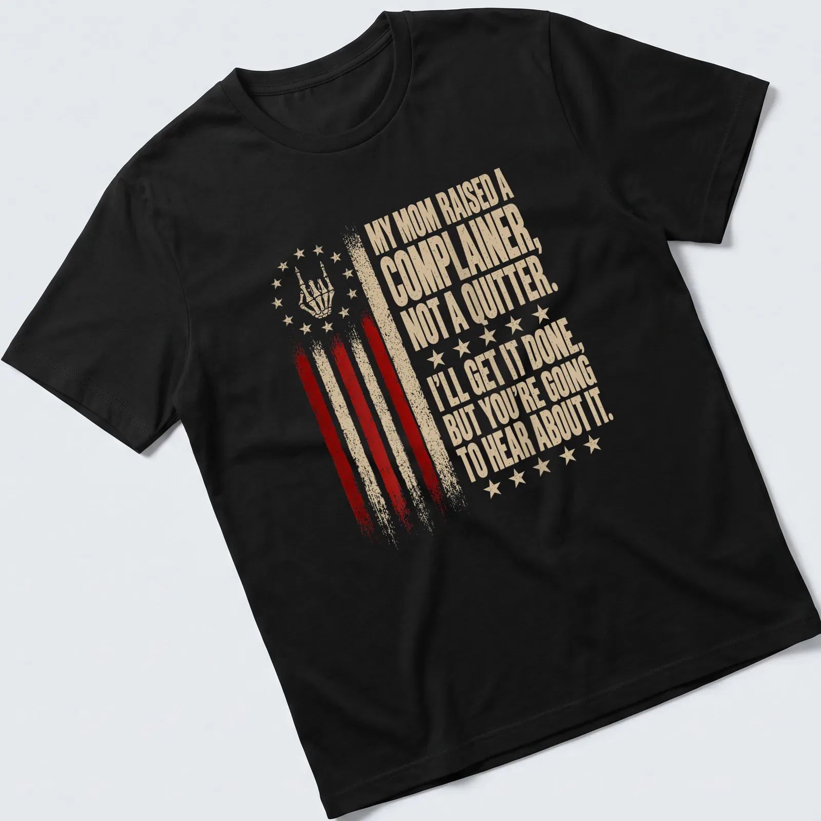 Distressed retro shirt with skeleton hand and humorous text about complaining — printed on a unisex t-shirt