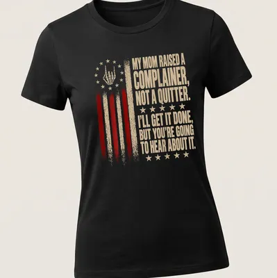 Distressed retro shirt with skeleton hand and humorous text about complaining — printed on a women's shirt
