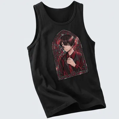 Gothic stained glass design featuring anime character Naito Mudano Tougen Anki in crimson and black — printed on a tank top