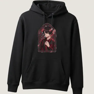 Gothic stained glass design featuring anime character Naito Mudano Tougen Anki in crimson and black — printed on a unisex hoodie