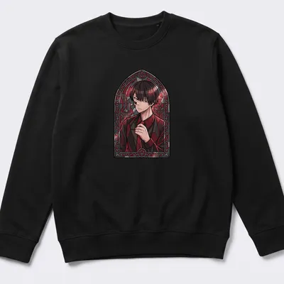 Gothic stained glass design featuring anime character Naito Mudano Tougen Anki in crimson and black — printed on a unisex sweatshirt