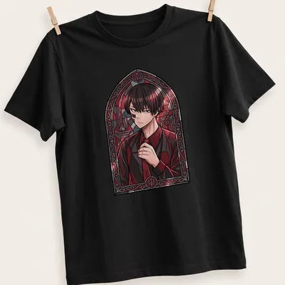 Gothic stained glass design featuring anime character Naito Mudano Tougen Anki in crimson and black — printed on a unisex t-shirt