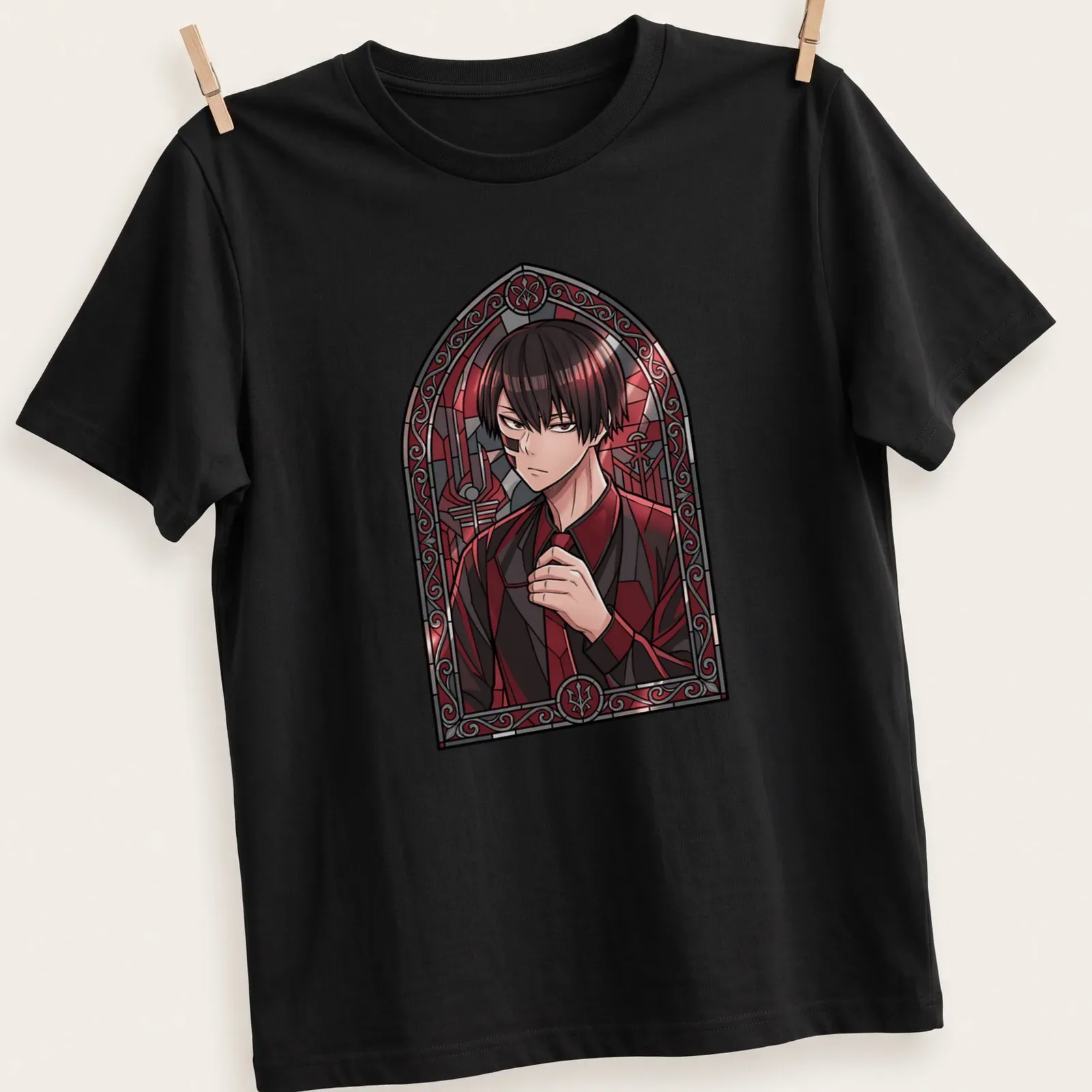 Gothic stained glass design featuring anime character Naito Mudano Tougen Anki in crimson and black — printed on a unisex t-shirt