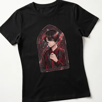 Gothic stained glass design featuring anime character Naito Mudano Tougen Anki in crimson and black — printed on a women's shirt