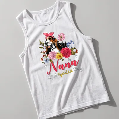 Basset Hound surrounded by vibrant flowers with text above in pink and yellow. — printed on a tank top