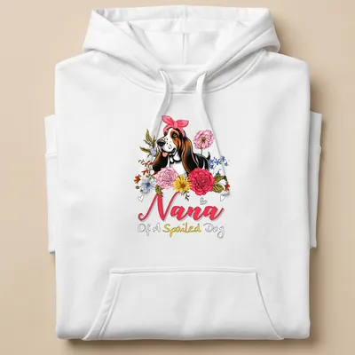 Basset Hound surrounded by vibrant flowers with text above in pink and yellow. — printed on a unisex hoodie