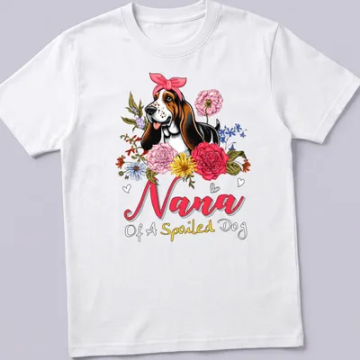 Basset Hound surrounded by vibrant flowers with text above in pink and yellow. — printed on a unisex t-shirt