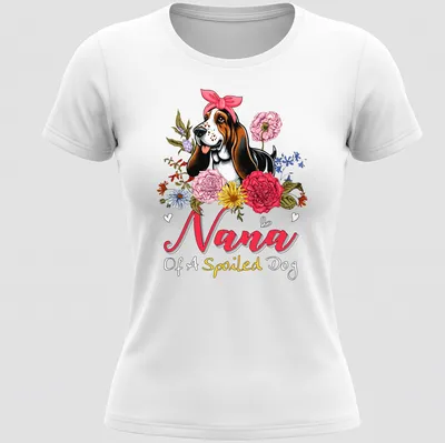 Basset Hound surrounded by vibrant flowers with text above in pink and yellow. — printed on a women's shirt
